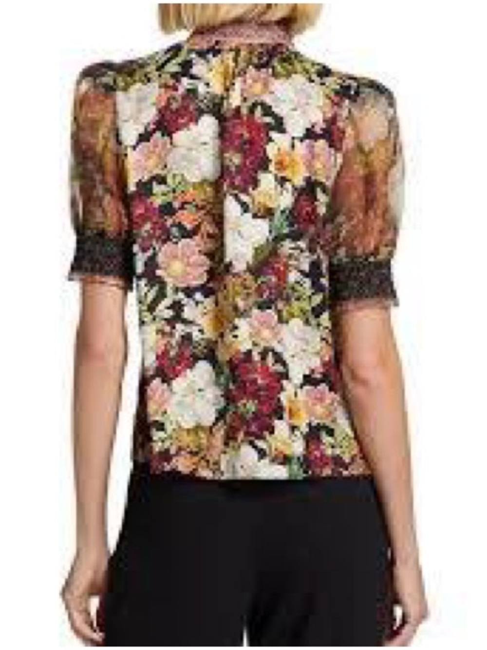Alice and Olivia Floral Tie-Neck Puff Sleeve Top - Black/Multi - Picture 4 of 4